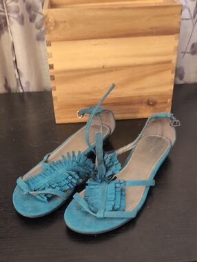 FIONI Clothing Teal Fringe Ankle-Strap Sandals